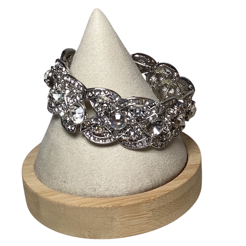 Silver Tone Rhinestone Stretch Statement Bracelet Crystal Pave Band Size 7.25"